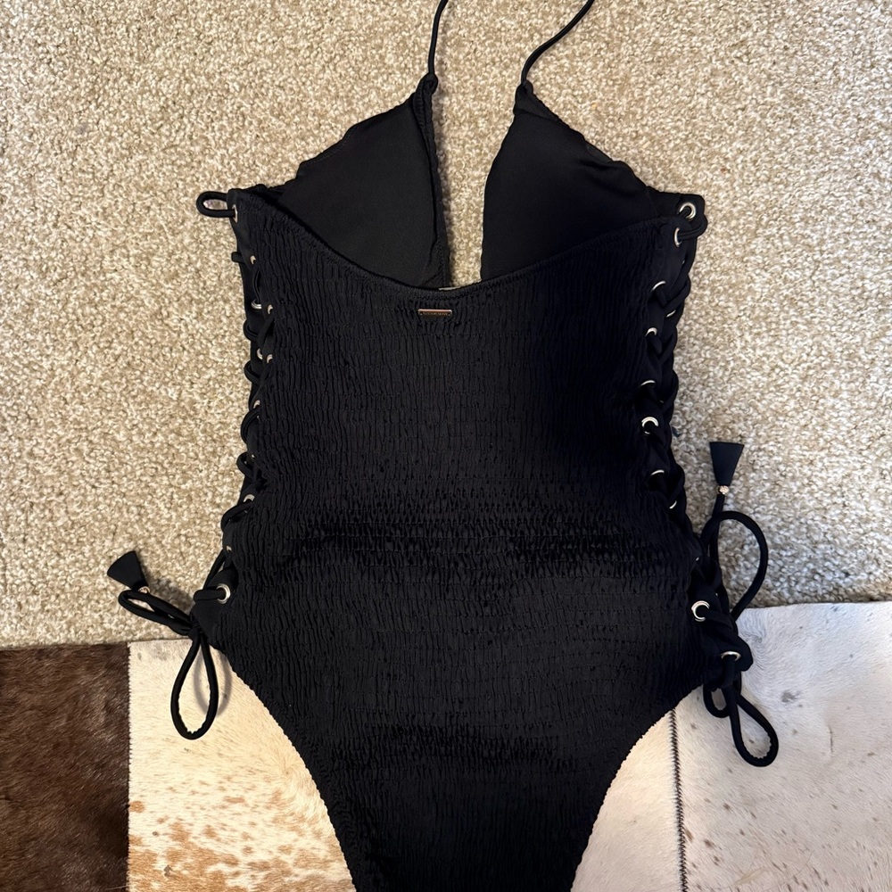 VS Black One-Piece Lace-Up V-Neck Swimsuit - Picture 2 of 4